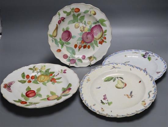 Four Chelsea fruit-painted plates c1755-60, one red anchor, two with brown anchor mark